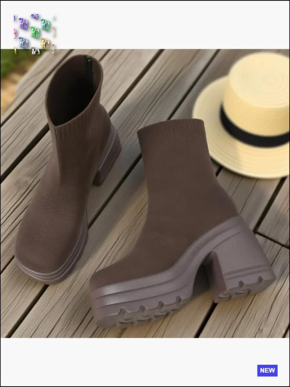 Sock Boots Square Toe Chunky Block High Heel Platform Knit Ankle Boots